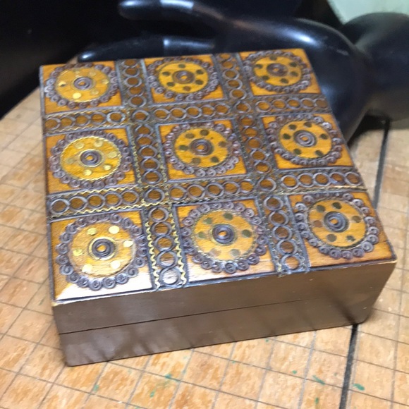 Geometric Metal Rings Inlay Carved Wood Box India 4”L x 4”W x 1.75”H 60s 70s - Picture 1 of 12